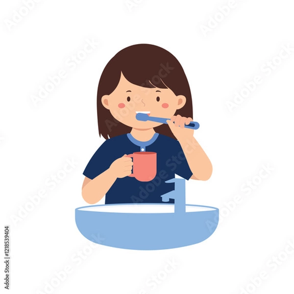 Obraz Illustration of Girl Brushing Teeth in Bathroom