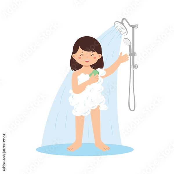 Obraz Cartoon Girl Enjoying Shower with Soap