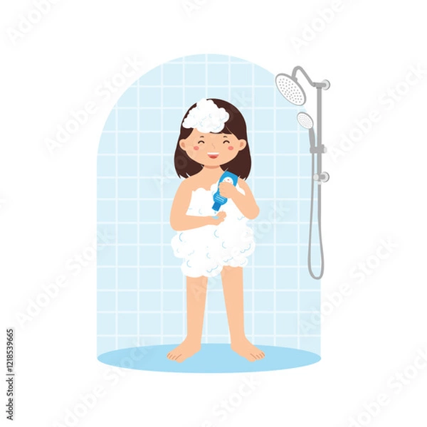 Obraz Cartoon Girl Enjoying Shower with Soap