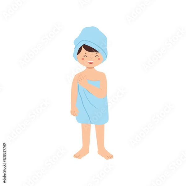 Obraz Smiling Girl using blue towel after bath