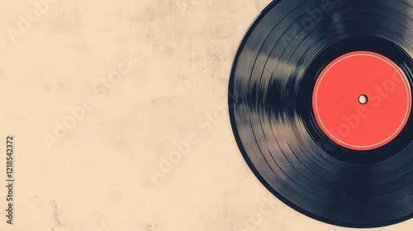 Fototapeta Classic vinyl record resting on a textured surface showcasing its red label and grooves under soft lighting
