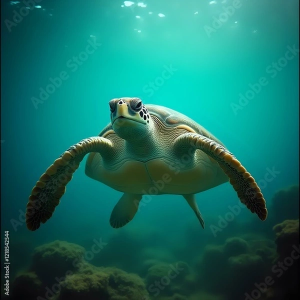 Fototapeta A close-up image of a sea turtle gliding through the water, with its head turned towards the camera.