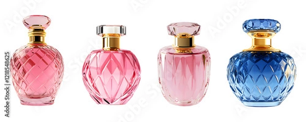 Fototapeta Pink perfume bottle featuring a transparent design with gold accents, perfect for luxury and beauty-themed projects on a transparent background.