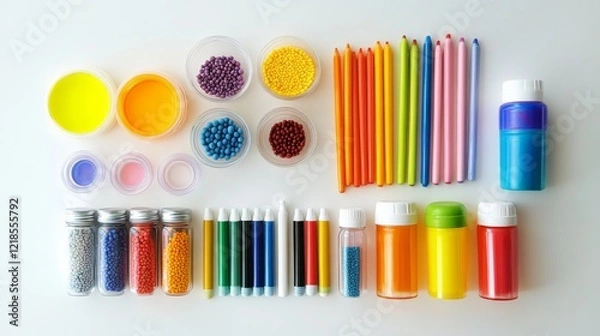 Obraz Creative art supplies display studio workspace colorful tools organized layout artistic inspiration