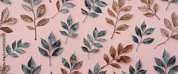 Obraz Oak leaves with a weathered look on a plain pale pink background