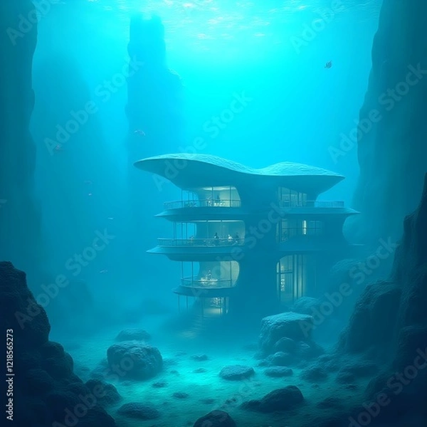 Fototapeta The image depicts a modern underwater house with three floors and a curved roof, situated within an underwater canyon surrounded by rocks and water.