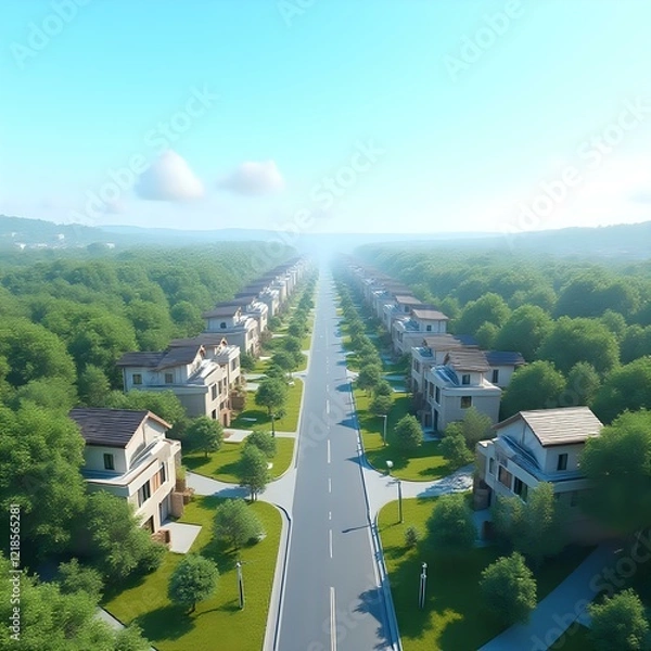Fototapeta The image depicts an aerial view of a residential neighborhood with rows of houses, trees lining a tree-lined road, and a hazy atmosphere in the distance.