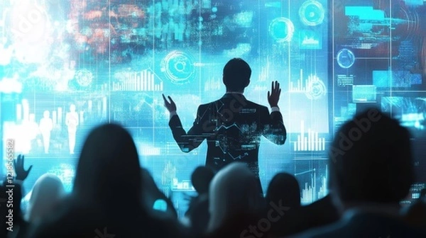 Obraz Attendees applaud at a business training session, surrounded by data visualizations. 