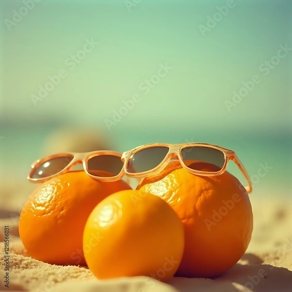 Fototapeta The image features two oranges and a pair of sunglasses on a sandy beach, with the ocean visible in the background under a clear sky.