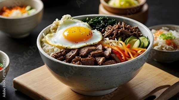 Fototapeta A steaming hot Korean bibimbap bowl with rice, assorted vegetables, beef, and a sunny-side-up egg. 