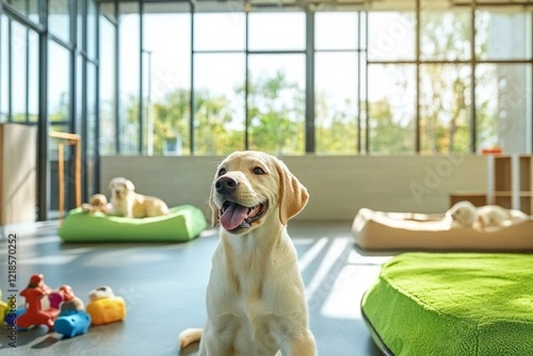Fototapeta A happy Labrador playing in a spacious, luxurious pet boarding facility with colorful toys, soft beds, and other dogs nearby