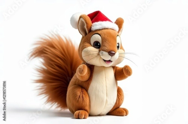 Fototapeta Cute cartoon squirrel in santa hat with fluffy tail and cheerful expression