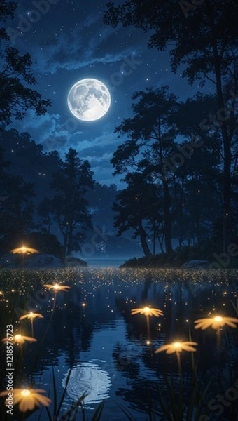 Fototapeta Moonlit trees and fireflies surrounding serene lake on anime background