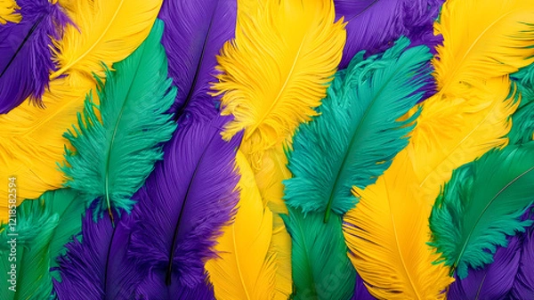 Fototapeta Vibrant, colorful feathers in purple, green, and yellow create a lively pattern, perfect for festive occasions, Mardi Gras.