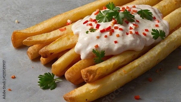 Fototapeta A cone of Belgian fries topped with mayonnaise, ketchup, and a sprinkle of parsley. 