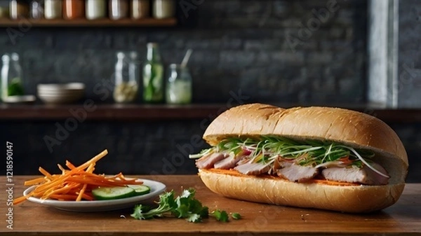 Fototapeta A crispy banh mi sandwich filled with pork, pickled vegetables, and fresh herbs. 