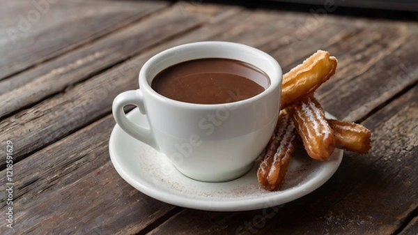 Fototapeta A serving of churros dusted with cinnamon sugar, served with a cup of melted chocolate. 
