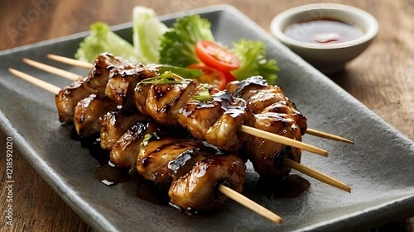 Fototapeta A stick of grilled yakitori chicken skewers, lightly glazed with teriyaki sauce. 