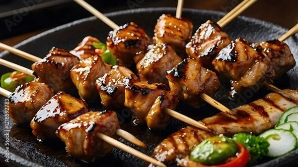 Fototapeta A stick of grilled yakitori chicken skewers, lightly glazed with teriyaki sauce. 
