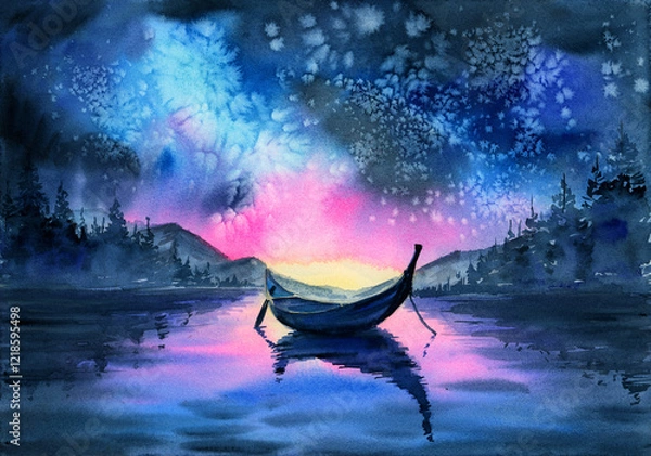 Fototapeta  Watercolor picture of a fishing boat with it’s reflection on the dark water at starry night and Milky Way (This illustration was drawn by hand without the use of generative AI!)
 