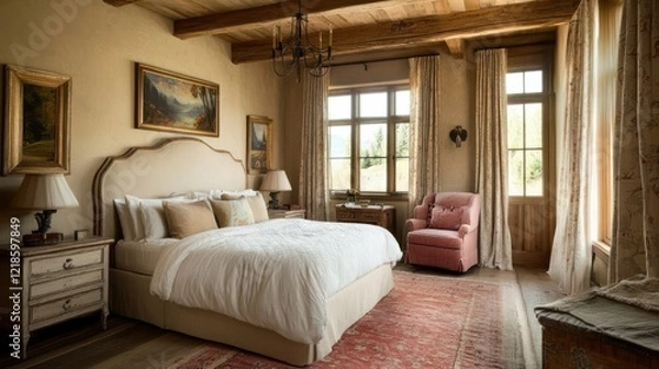 Fototapeta Rustic Bedroom With Antique Furniture, Soft Lighting, And Views Of Nature. Tranquil And Inviting.