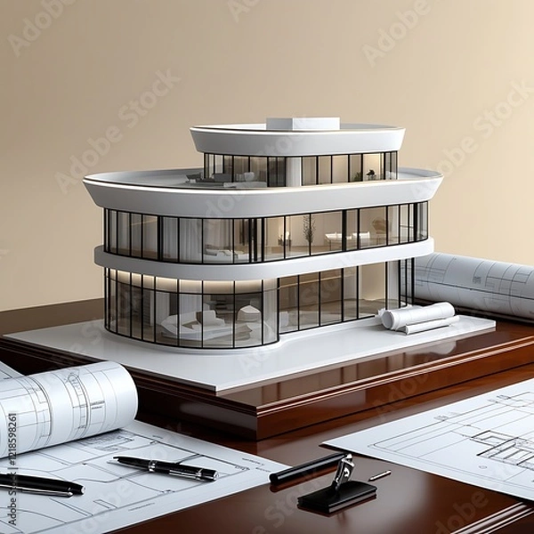 Obraz 3D Model of a White Modern Luxury Building on wooden desk with Architectural Blueprints