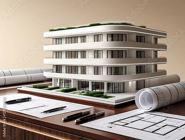 Obraz 3D Model of a White Modern Luxury Building on wooden desk with Architectural Blueprints