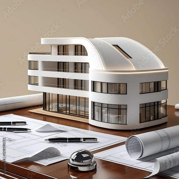 Obraz 3D Model of a White Modern Luxury Building on wooden desk with Architectural Blueprints