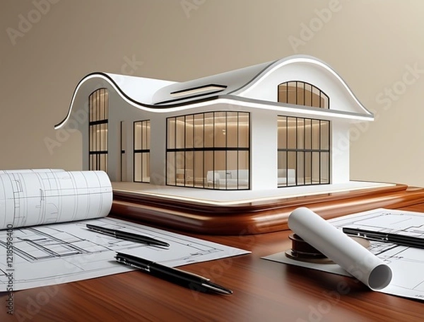 Obraz 3D Model of a White Modern Luxury Building on wooden desk with Architectural Blueprints