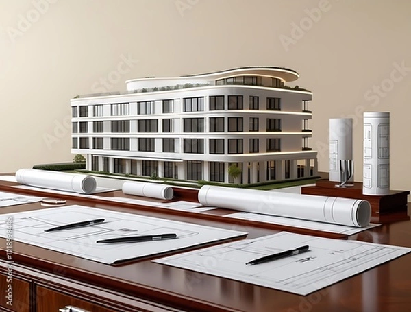 Obraz 3D Model of a White Modern Luxury Building on wooden desk with Architectural Blueprints