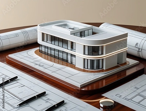 Obraz 3D Model of a White Modern Luxury Building on wooden desk with Architectural Blueprints