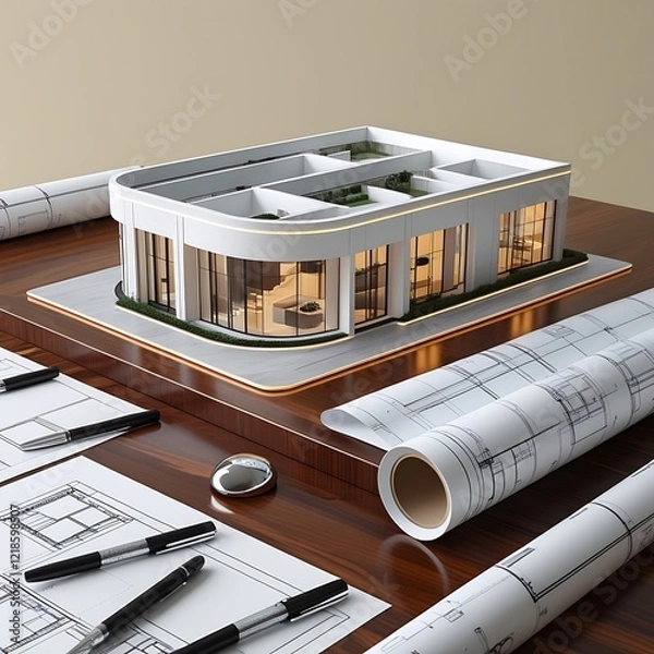 Obraz 3D Model of a White Modern Luxury Building on wooden desk with Architectural Blueprints