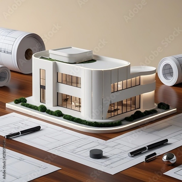 Obraz 3D Model of a White Modern Luxury Building on wooden desk with Architectural Blueprints