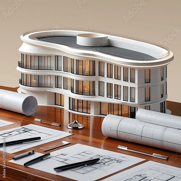 Obraz 3D Model of a White Modern Luxury Building on wooden desk with Architectural Blueprints