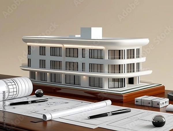 Obraz 3D Model of a White Modern Luxury Building on wooden desk with Architectural Blueprints