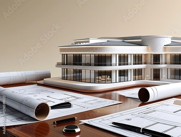 Obraz 3D Model of a White Modern Luxury Building on wooden desk with Architectural Blueprints