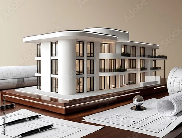 Obraz 3D Model of a White Modern Luxury Building on wooden desk with Architectural Blueprints