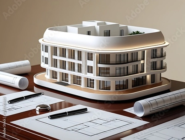 Obraz 3D Model of a White Modern Luxury Building on wooden desk with Architectural Blueprints