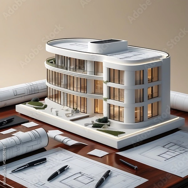 Obraz 3D Model of a White Modern Luxury Building on wooden desk with Architectural Blueprints