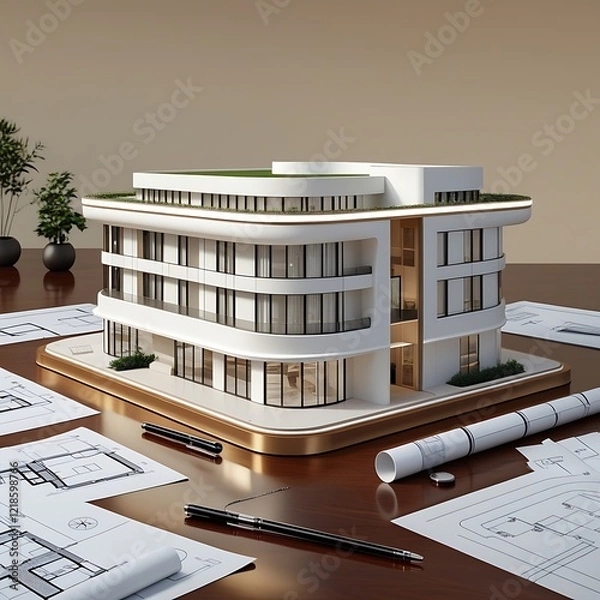 Obraz 3D Model of a White Modern Luxury Building on wooden desk with Architectural Blueprints