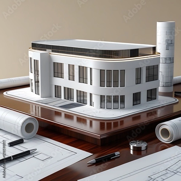 Obraz 3D Model of a White Modern Luxury Building on wooden desk with Architectural Blueprints