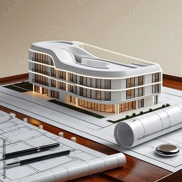 Obraz 3D Model of a White Modern Luxury Building on wooden desk with Architectural Blueprints