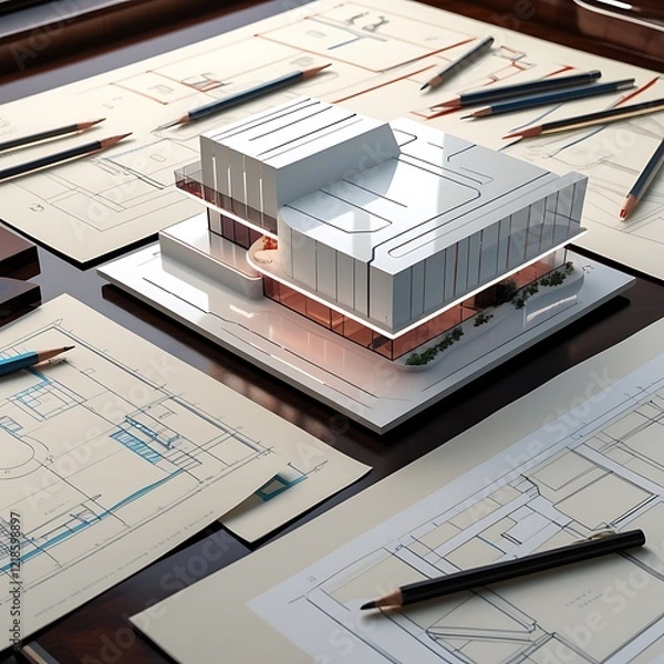 Obraz 3D Model of a White Modern Luxury Building on wooden desk with Architectural Blueprints