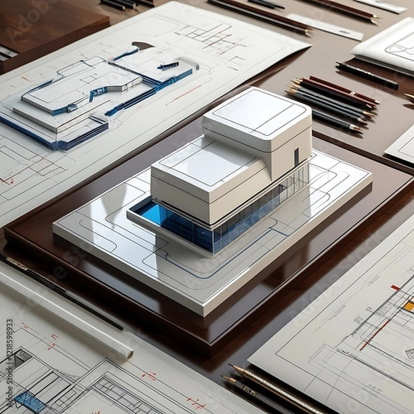 Obraz 3D Model of a White Modern Luxury Building on wooden desk with Architectural Blueprints