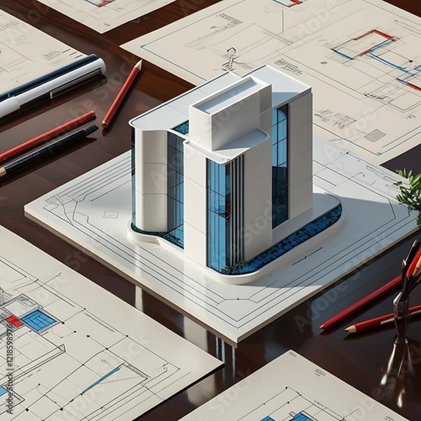 Obraz 3D Model of a White Modern Luxury Building on wooden desk with Architectural Blueprints