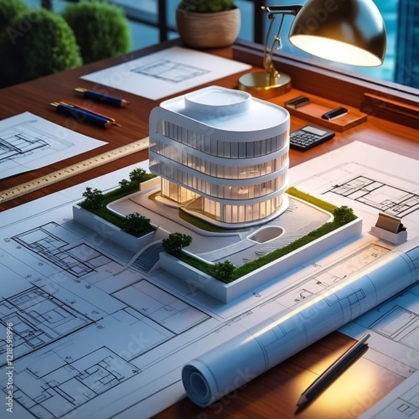 Obraz 3D Model of a White Modern Luxury Building on wooden desk with Architectural Blueprints