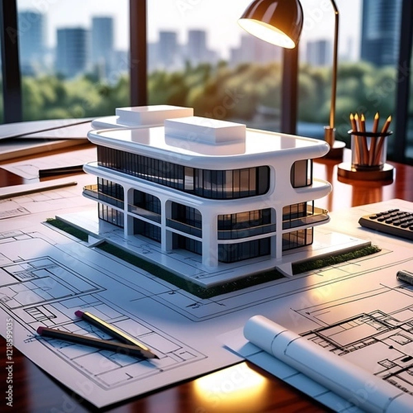 Obraz 3D Model of a White Modern Luxury Building on wooden desk with Architectural Blueprints