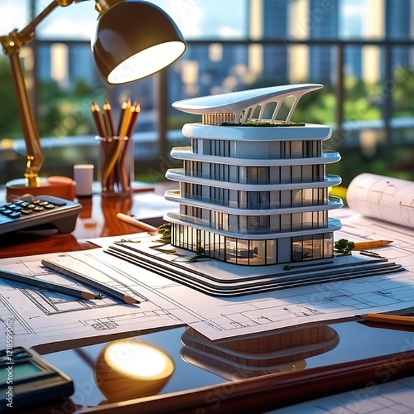 Obraz 3D Model of a White Modern Luxury Building on wooden desk with Architectural Blueprints