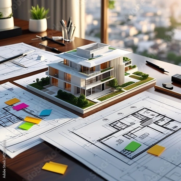 Obraz 3D Model of a White Modern Luxury Building on wooden desk with Architectural Blueprints