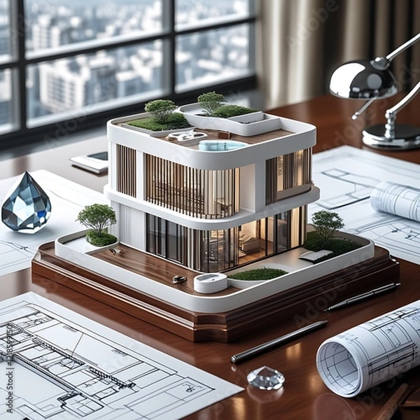 Obraz 3D Model of a White Modern Luxury Building on wooden desk with Architectural Blueprints